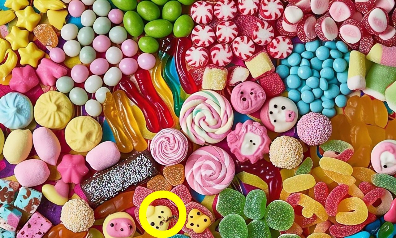 Find the ant brain teaser challenge: only those with a high IQ can spot the sneaky ant amid the sweets in under 8 seconds!